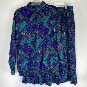 Vintage Pyke LTD. Green Blue Paisley Pleated Skirt Shirt Set 80s